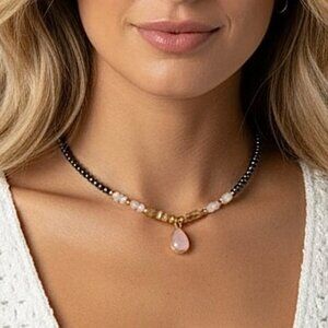 NWT Teardrop Pendant Beaded Necklace 18K Plated Black Onyx Hematite Rose Quartz